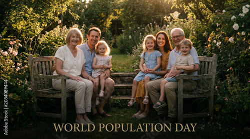 Warm Multigenerational Family Portrait in Garden at Golden Dusk with World Population Day Text