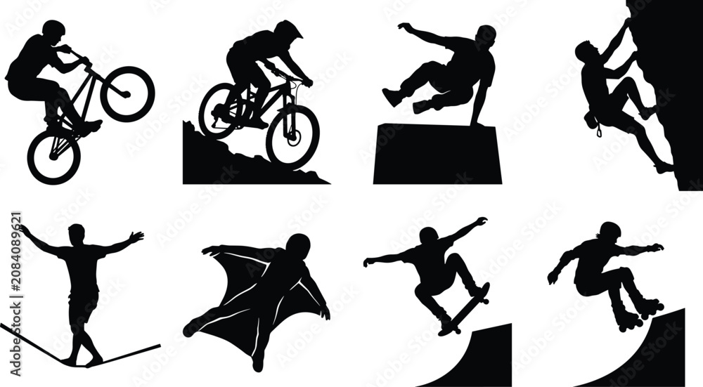 Obraz premium Extreme sports silhouettes set featuring mountain biking rock climbing skateboarding parkour rollerblading wingsuit flying and outdoor adventure activities