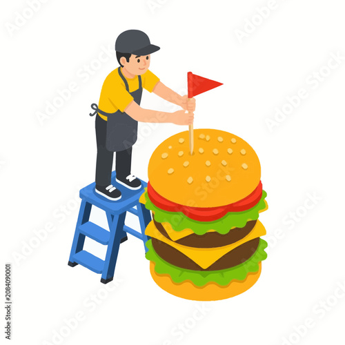 Isometric vector illustration of a restaurant worker on a blue stepladder placing a red flag into a giant double cheeseburger with beef, cheese, lettuce, and tomato on white background.