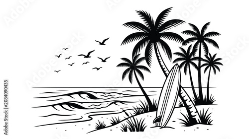 Photography Vintage tropical beach vector illustration, black and white surf scene with palm