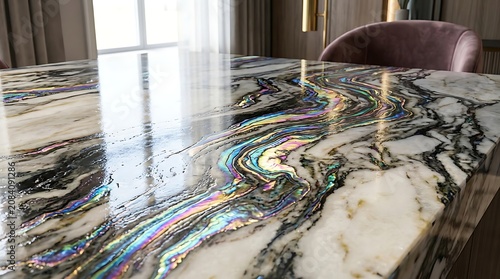 Marble table top with brown chair.
