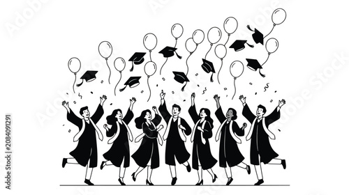 Bild auf Leinwand Minimalist graduation ceremony vector illustration, diverse students throwing ca