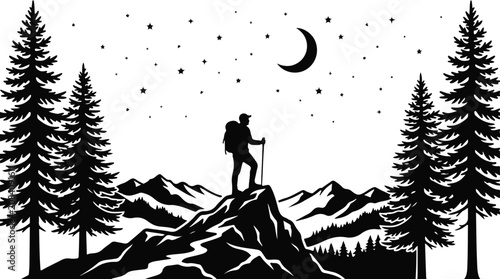 Foto Minimalist mountain hiker silhouette vector, lone traveler trekking under starry