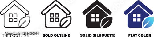 Eco Friendly House Icon Set with Green Leaf in Outline Solid and Color Styles