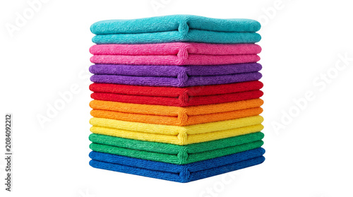 Stack of vibrant folded microfiber cleaning cloths in a vertical pile with bright rainbow colors