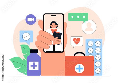 Telemedicine Vector Illustration Featuring Online Doctor Consultation, Virtual Healthcare, Remote Medical Care, and Telehealth Technology
