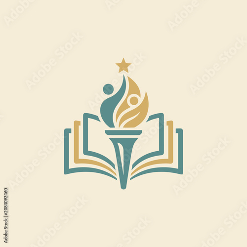 An education logo featuring an open book and a torch