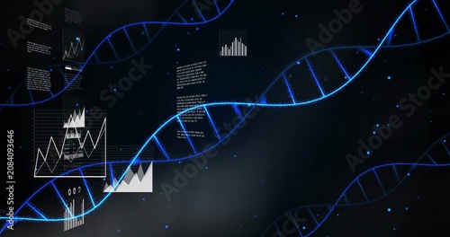 Luminous blue helix arcing from lower left, revealing line and bar charts for biotech analysis