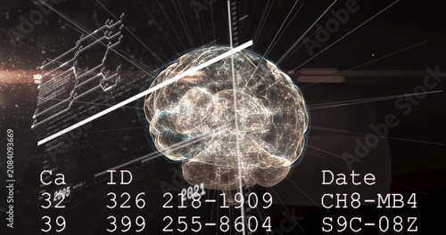 Scan bar starting translucent brain rotating on timeline axis while ID codes updating for diagnosis