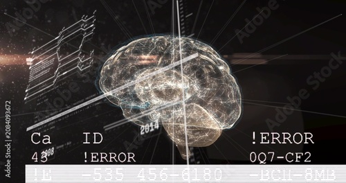 Scan bar starting translucent brain rotating on timeline axis while ID codes updating for diagnosis