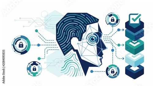 Premium flat vector illustration of a biometric authentication security system featuring secure identity verification