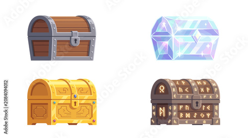 Set of medieval fantasy treasure chests game icons including wood, gold, crystal, and runic stone styles
