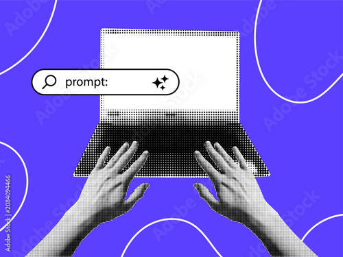 Vector halftone collage laptop banner with typing hand and search bar prompt on purple background. Contemporary halftone collage pop cutout ai prompt concept sticker design.