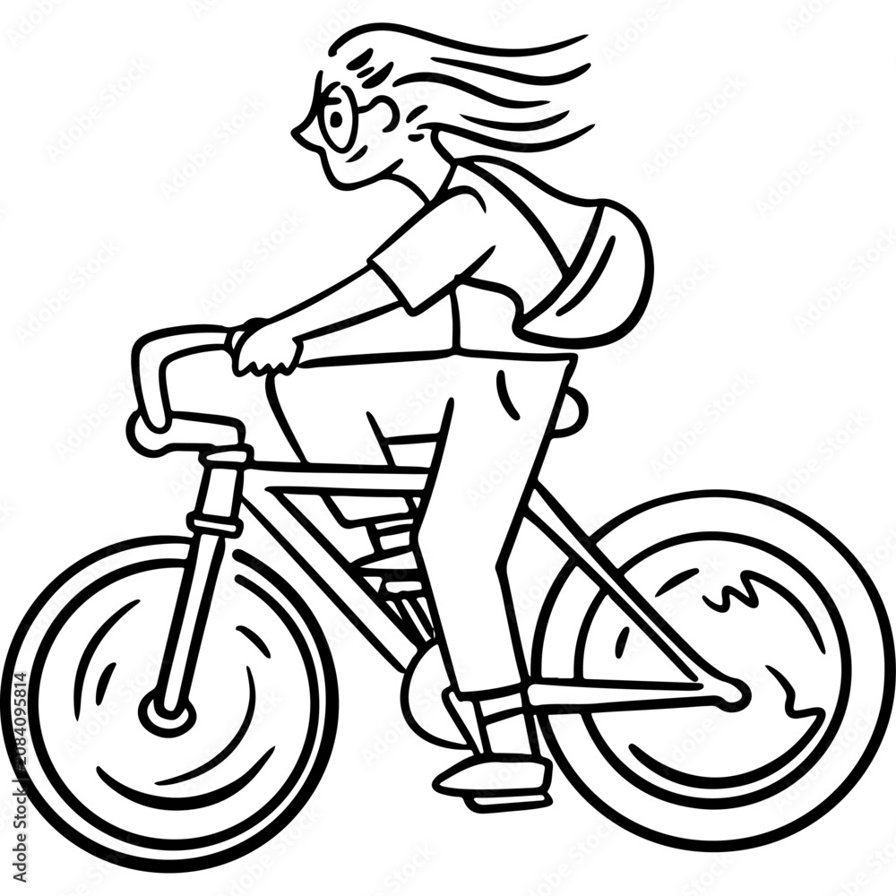 Obraz premium Young person with long hair riding a bicycle line art vector doodle illustration