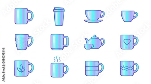 Collection of blue holographic mugs and cups for hot beverages.