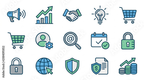 Business Icons Representing Growth Marketing Security and Ideas.