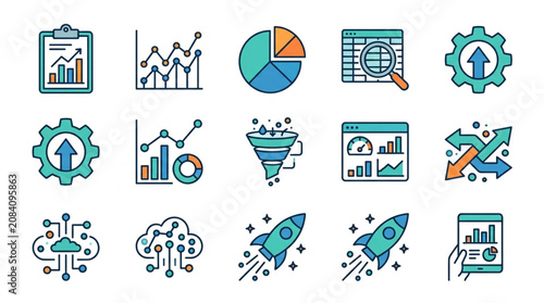 Collection of business analytics and data visualization icons.