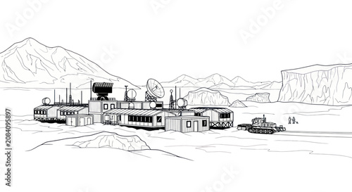 Fotografie Antarctic Research Station Line Art Vector Illustration