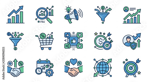 Collection of Business and Marketing Icons Representing Growth and Strategy.