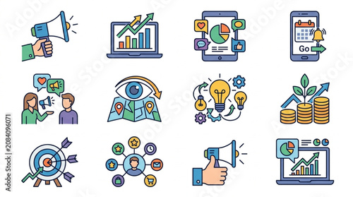 Collection of Business and Marketing Icons with Data Analysis and Communication Themes.