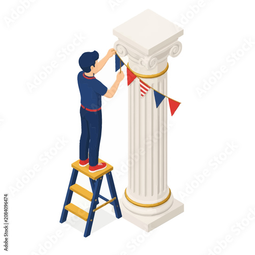 Isometric vector illustration of a man standing on a yellow stepladder hanging red and blue bunting flags on a white classical fluted column for a patriotic holiday or political event.