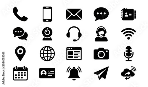 Contact and Communication Icons Black Flat Vector Icon Set for Web and Mobile