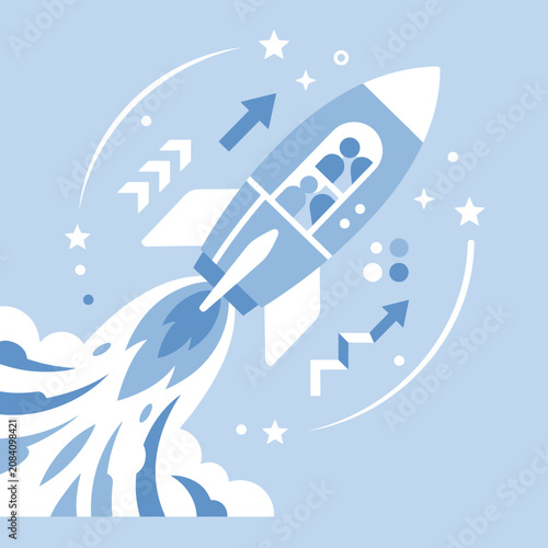 A blue vector illustration of a rocket launching into space