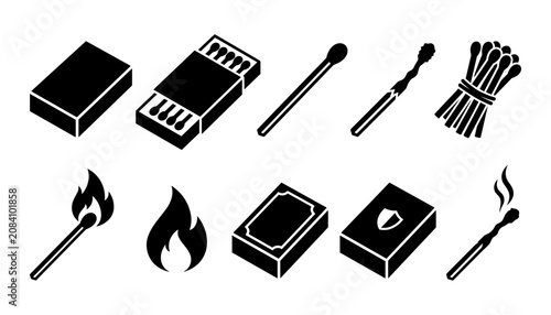 Foto Icon Set of Black Hygiene and Cleaning Tools with Matches, Fire, Books, and Disp