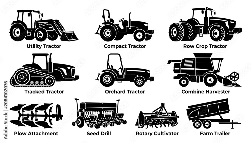 Obraz premium Tractor Farm Machinery Icons Set with Utility Compact Row Crop Tracked Orchard Seed Drill Combine Harvester Trailer