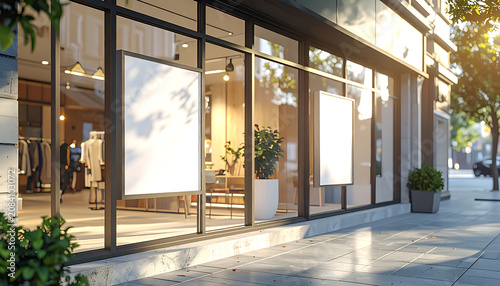 Storefront window display with blank posters, storefront in daylight, commercial advertising space, storefront facade, retail