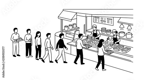 People Queueing at Food Counter for Meal Service