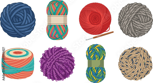 Photos Colorful Yarn Balls and Knitting Skeins Collection with Crochet Hook Fiber Craft