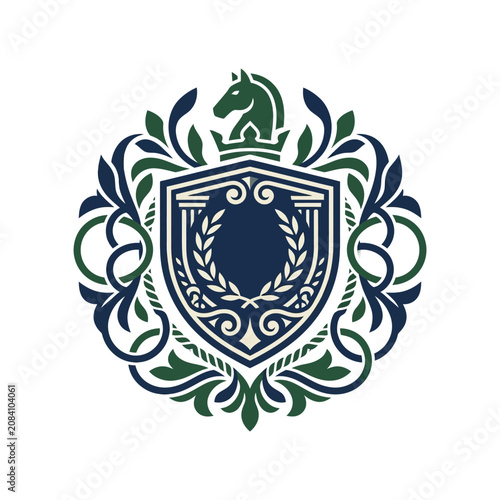 A heraldic shield emblem with a horse head and laurel wreath
