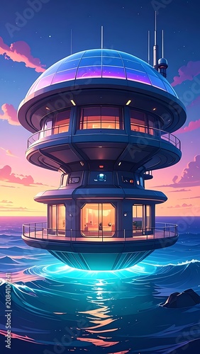 A futuristic, multi-level, dome-topped ocean structure