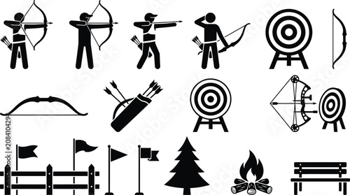 Quadro su tela Archery icons set with bow and arrow silhouettes