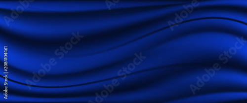 Silk satin fabric. Navy blue color. Abstract dark elegant background with space for design. Soft wavy folds. Drapery. Gradient. Light lines. Shiny. Shimmer. Glow.Template. Wide banner. Panoramic.