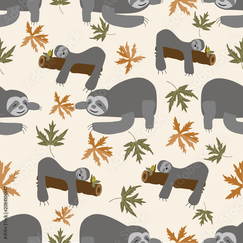 A charming hand-drawn seamless pattern featuring cute lazy sloths resting on tree logs and walking among scattered autumn maple leaves. Designed in warm earthy tones on a cream background
