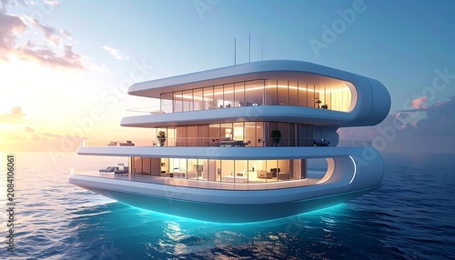 A futuristic, multi-level houseboat floats on serene waters at sunset