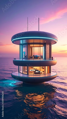A futuristic, multi-level, illuminated house floats on serene waters at sunset