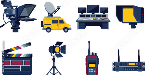 Foto Vector illustration set of television broadcasting and movie production equipmen