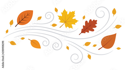 Colorful autumn leaves blowing in the wind with swirling lines and falling foliage for seasonal fall design elements