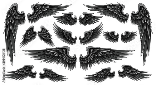 Flat vector design, isolated on white background. Symmetrical dark Y2K wings featuring liquid metal textures and reflective chrome edges. Fusion of organic bone like feathers with sharp, futuristic.