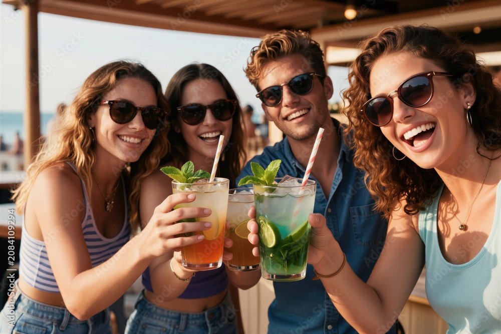 Obraz premium Four smiling friends hold cocktails at beach bar. Young people enjoy drinks in sun. Happy group celebrates summer vacation with refreshing beverages and good company.