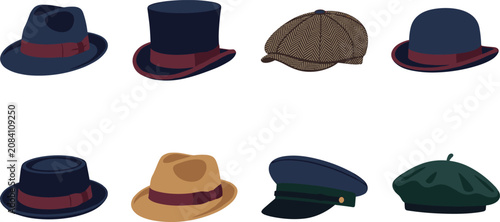 Photos Vector set of classic vintage men hats icons including fedora top hat flat cap b