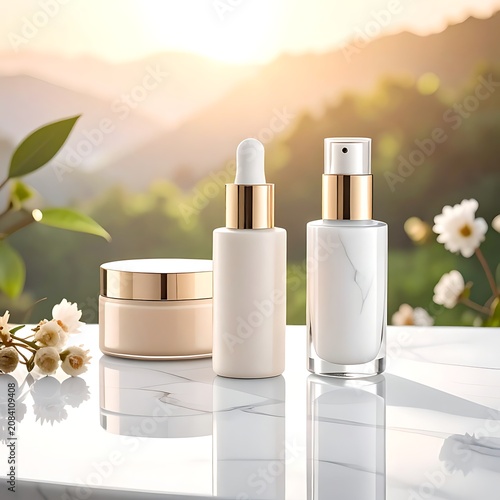 Elegant skincare bottles on marble with nature background