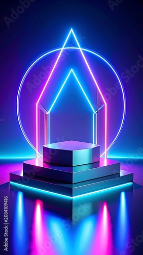 A futuristic neon-lit abstract sculpture with glowing blue and pink lines