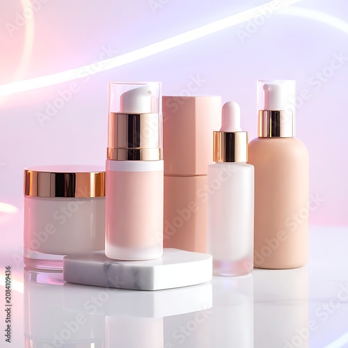 Elegant skincare products arranged with soft neon light