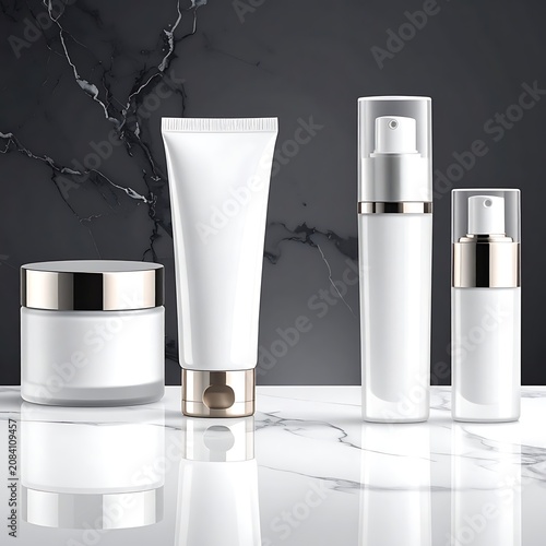 Elegant skincare set on reflective surface