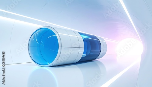 Futuristic capsule in a glowing tunnel