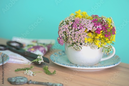 Photography Still life with bouquets of yarrow and yellow sedum